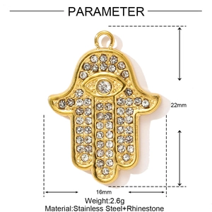 Dimensions détaillées du pendentif Main de Fatma en acier inoxydable doré avec strass
