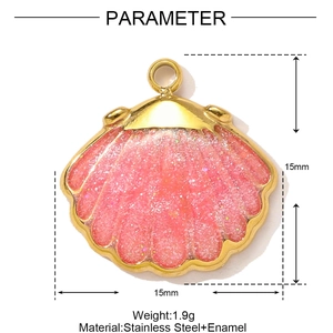 Macro detail of pink enamel shell pendant with stainless steel frame and size dimensions