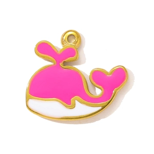 Detailed view of pink and white enamel whale pendant with gold edges for DIY jewelry