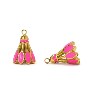 Detailed macro view of golden stainless steel badminton shuttlecock charms with pink enamel