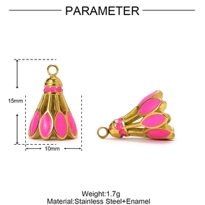 Detailed view of pink enamel badminton pendant with 15mm height and 10mm width dimensions