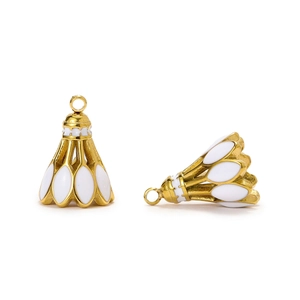 Detailed view of two gold-plated badminton shuttlecock pendants with white enamel finish