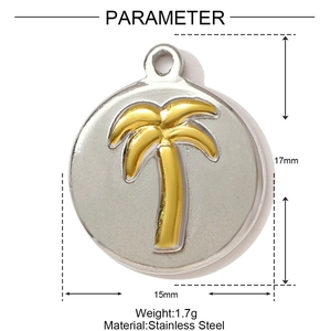 Détail du pendentif cocotier en acier inoxydable de 17mm avec dimensions et poids