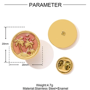 Detailed view of 20mm tropical sunset enamel pin showing dimensions and stainless steel back