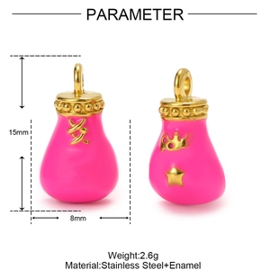 Technical drawing showing pink enamel boxing glove pendant dimensions and stainless steel material