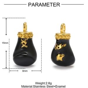 Stainless steel boxing glove pendant with black enamel and gold star details, 15mm height