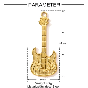Polished gold stainless steel electric guitar pendant with dimensions 44mm by 18mm