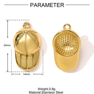 Macro detail of golden stainless steel baseball cap pendant with 24mm x 14mm dimensions