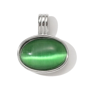 Detail of oval green cat eye stone pendant set in a polished silver stainless steel frame