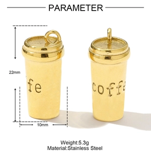 Colgantes de tazas de café de acero inoxidable dorado pulido con grabado coffee