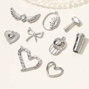 Polished stainless steel DIY jewelry pendants including heart with wings and coffee cup shapes