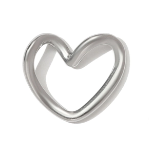 Close-up of a polished stainless steel hollow heart-shaped charm with a mirror finish