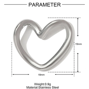Polished stainless steel hollow heart pendant with dimensions 18mm by 15mm and 0.9g weight
