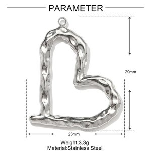 Polished stainless steel heart charm specifications showing dimensions 29mm by 23mm