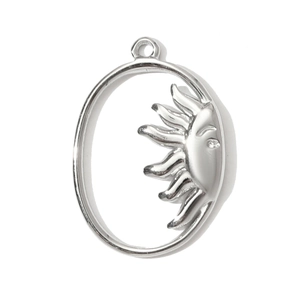 Polished silver stainless steel oval pendant with embossed sun motif and top ring detail