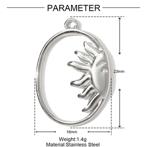 Detailed parameter display showing sun charm dimensions 23x16mm in stainless steel