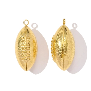Detailed view of two golden American football pendants with textured surface and ring loop