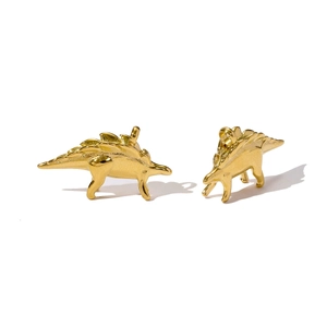 Detailed pair of polished gold stegosaurus dinosaur pendants with dorsal plates and ring