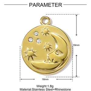 Colgante celestial de acero inoxidable dorado con luna, estrellas y pedrería para joyas