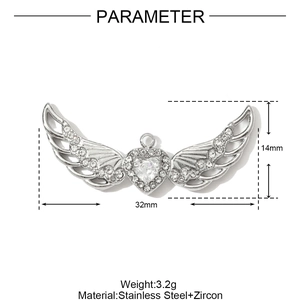Detailed parameter view of stainless steel winged heart pendant with zircon stones