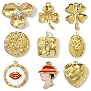 Stainless Steel Vintage Pendant Clover Heart World Map Lips Rose Lady Silhouette Charms For DIY Necklace Jewelry Making Accessories