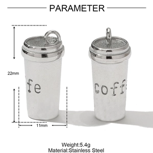Polished stainless steel coffee cup pendant detail with engraved coffee lettering