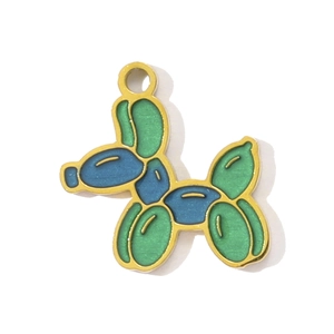 Detail of a balloon dog pendant in peacock green and royal blue enamel with gold accents