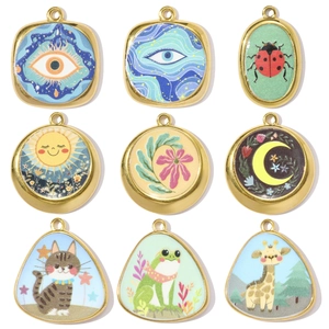 Vintage French DIY Stainless Steel Enamel Animal Pendant Giraffe Cat Frog Moon Sun Evil Eye Pattern Jewelry Accessory Charms