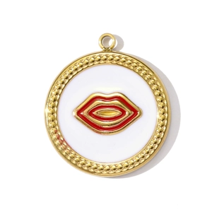 Detail of round gold-plated pendant featuring a stylish red lip design on white background