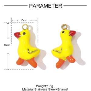 Technical dimensions of a yellow enamel duck pendant made of stainless steel and 15x10mm size