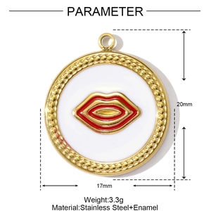 Detail of 20mm gold stainless steel round pendant with red enamel lips and beaded edge