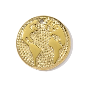 Macro shot of gold-plated round pendant featuring world map relief and textured finish