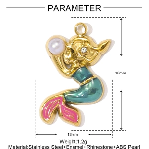 Detailed view of mermaid pendant showing dimensions 18x13mm with enamel and pearl accents