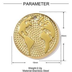Macro view of 15mm world map pendant in gold stainless steel for DIY necklaces