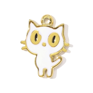 Detail view of cute white cat charm with gold trim for DIY jewelry making