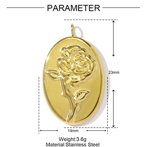Technical specs of 23mm x 14mm golden stainless steel rose relief oval pendant