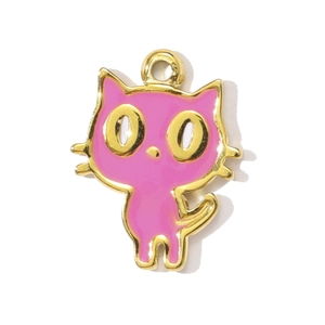 Detailed view of a pink cat enamel pendant with golden trim and hollow metal eyes