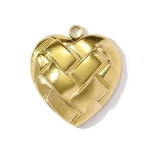 Close-up of heart-shaped gold stainless steel pendant with intricate woven texture detail