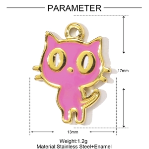Detail view of 17mm x 13mm pink enamel cat pendant with golden edges and stainless steel