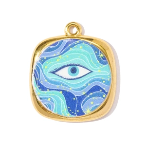 Artistic gold-plated square pendant with evil eye design and blue starry swirl enamel