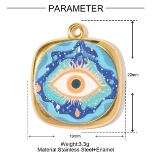 Detail showing 22mm x 19mm evil eye stainless steel charm with enamel accents