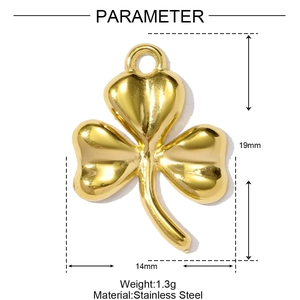 Technical drawing showing clover pendant dimensions 19mm by 14mm in gold stainless steel