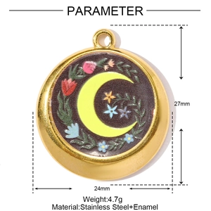 Detailed size chart of a 27mm gold-plated moon and flower enamel stainless steel pendant