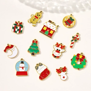Buntes Weihnachts-Emaille-Anhänger-Set vergoldet mit Schneemann- und Rentier-Motiven