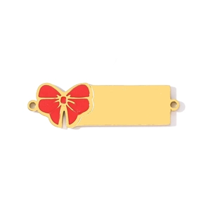 Détail du pendentif DIY doré avec nœud en émail rouge et doubles boucles de suspension