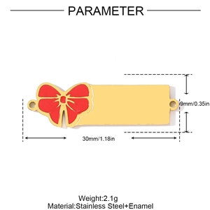 Détail du connecteur en acier inoxydable avec nœud en émail rouge et dimensions