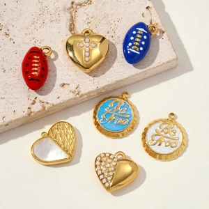 Assorted DIY stainless steel pendants with heart, rugby and bottle cap designs in vibrant colors