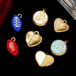 DIY stainless steel charms set with rugby ball, heart shapes, and Be Free bottle caps