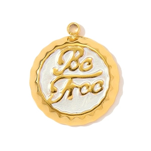 Detail of Be Free round bottle cap pendant with gold frame and white enamel inlay