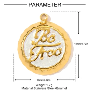 Gold stainless steel Be Free pendant with white enamel and wavy edges for jewelry DIY